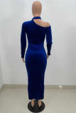 Blue Fashion Sexy Solid Split Joint O Neck One Step Skirt Dresses