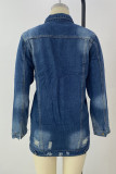 Deep Blue Fashion Casual Solid Ripped Turndown Collar Long Sleeve Denim Jacket