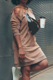 Khaki Pre-sale Fashion Casual Solid Basic Hooded Collar Long Sleeve Dresses