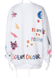 White Sweet Print Patchwork O Neck Tops