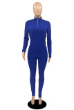 Blue Fashion Casual Solid Basic Zipper Collar Long Sleeve Two Pieces