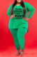 Green Fashion Casual Letter Print Basic V Neck Plus Size Two Pieces