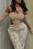 Khaki Sexy Casual Solid Backless Asymmetrical Off the Shoulder Tops