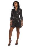 Coffee Notched Slim fit Patchwork Sequin Geometric Button Patchwork Long Sleeve Coats & Cardigan
