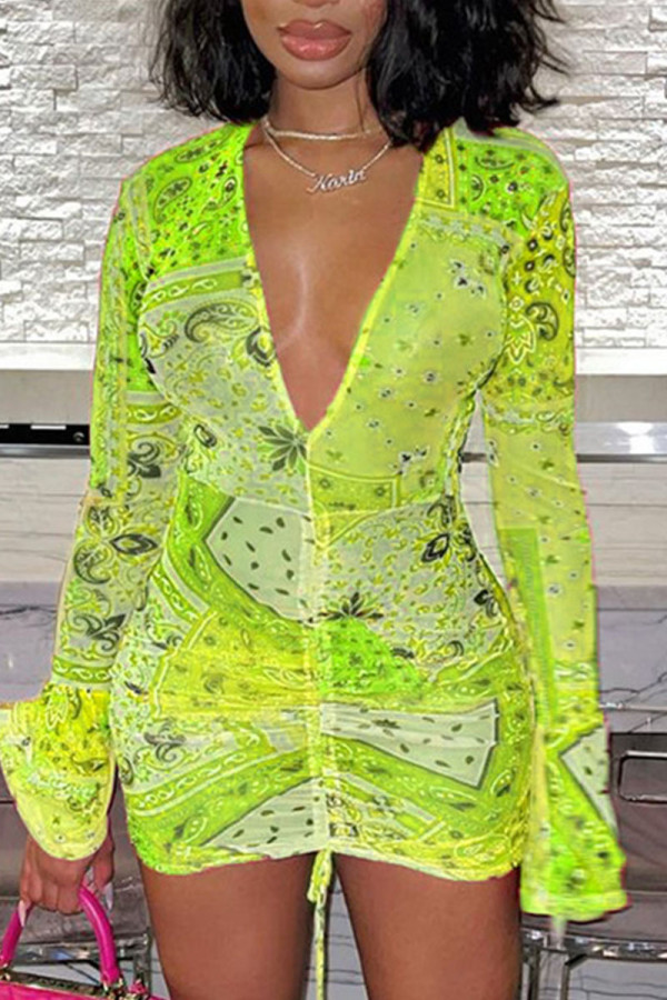Green Yellow Sexy Print Patchwork Fold V Neck Pencil Skirt Dresses