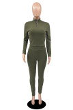 Olive Green Fashion Casual Solid Basic Zipper Collar Long Sleeve Two Pieces