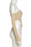 Khaki Sexy Casual Solid Backless Asymmetrical Off the Shoulder Tops