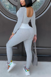 Grey Casual Sportswear Patchwork Backless O Neck Skinny Jumpsuits