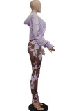 Blue Casual Print Patchwork Hooded Collar Long Sleeve Two Pieces