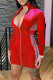 Red Fashion Casual Print Patchwork Zipper Collar Long Sleeve Dresses