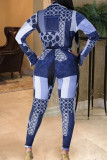 Blue Casual Print Patchwork V Neck Regular Jumpsuits