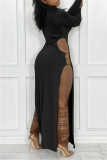 White Sexy Casual Solid Hollowed Out Slit O Neck Long Sleeve Dresses