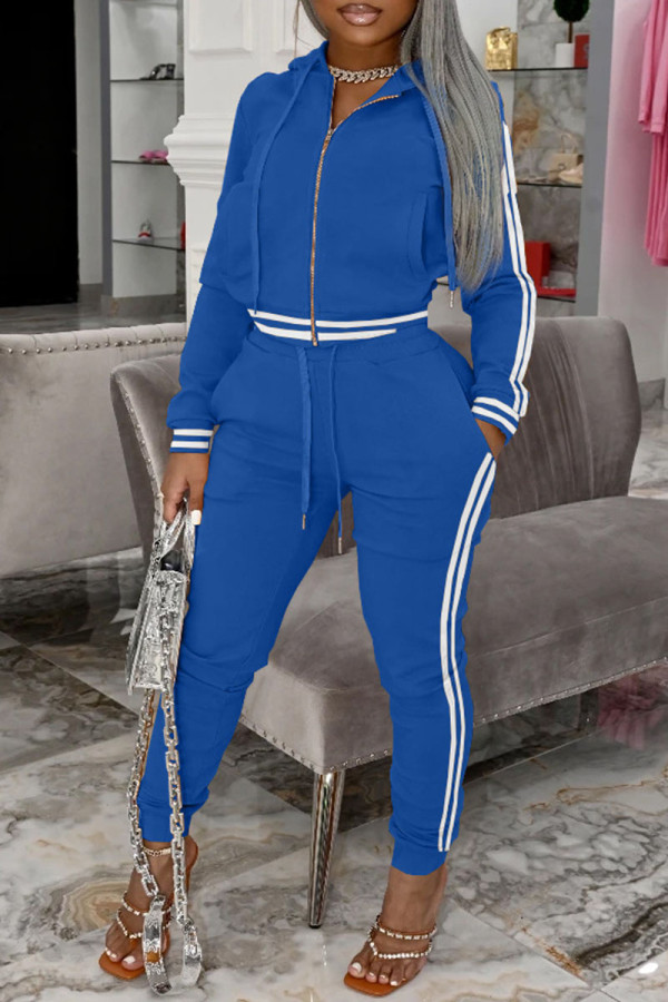 Blue Fashion Casual Solid Patchwork Hooded Collar Long Sleeve Two Pieces