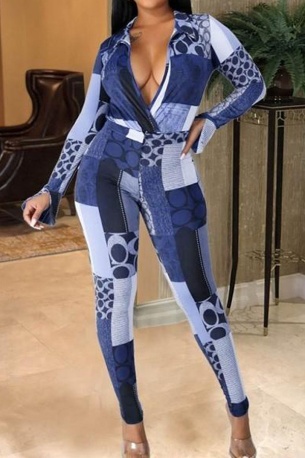 Blue Casual Print Patchwork V Neck Regular Jumpsuits