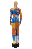 Multicolor Fashion Casual Print Basic Turtleneck Long Sleeve Dresses