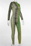 Green Fashion Sexy Print See-through O Neck Skinny Jumpsuits