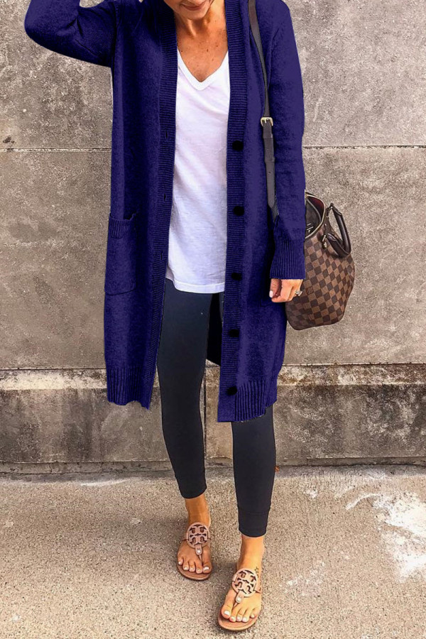 Tibetan Blue Casual Solid Patchwork Buckle Outerwear