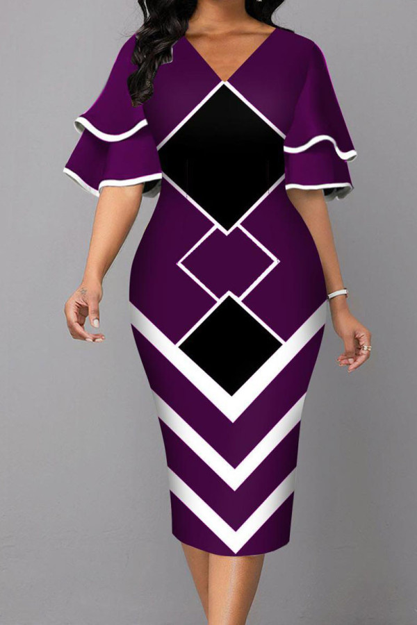 Dark Purple Fashion Street Print Patchwork V Neck One Step Skirt Dresses