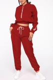 Red Casual Solid Patchwork O Neck Long Sleeve Two Pieces