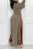 Dark Apricot Sexy Casual Solid Hollowed Out Slit O Neck Long Sleeve Dresses