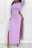 Light Purple Sexy Casual Solid Hollowed Out Slit O Neck Long Sleeve Dresses
