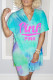 Blue Fashion Street Print Slit O Neck Short Sleeve Two Pieces