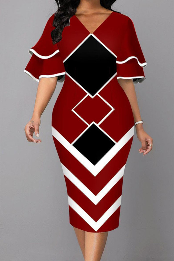 Red Fashion Street Print Patchwork V Neck One Step Skirt Dresses