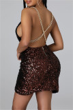 Pink Sexy Patchwork Sequins Chains Backless V Neck Sling Dress