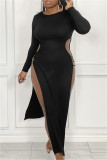 Dark Apricot Sexy Casual Solid Hollowed Out Slit O Neck Long Sleeve Dresses