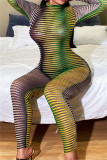 Green Fashion Sexy Print See-through O Neck Skinny Jumpsuits