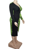 Green Fashion Sexy Print Patchwork V Neck One Step Skirt Plus Size Dresses