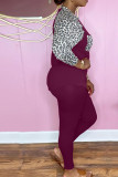 Red Casual Print Leopard Patchwork O Neck Long Sleeve Two Pieces