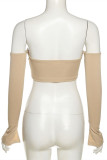 Khaki Sexy Casual Solid Backless Asymmetrical Off the Shoulder Tops