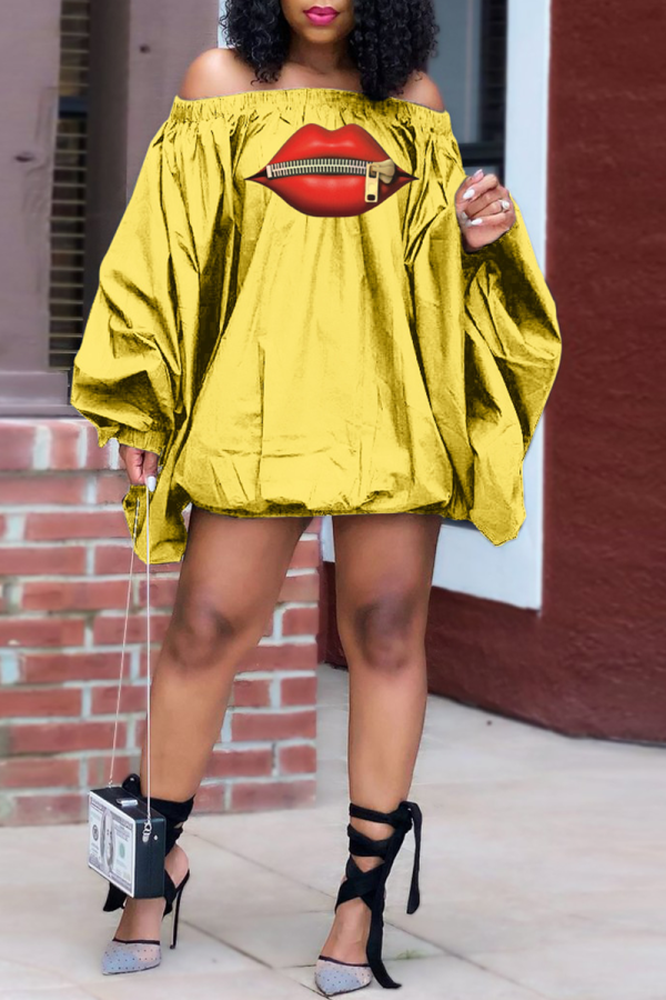Yellow Street Print Patchwork Off the Shoulder Lantern Dress Dresses