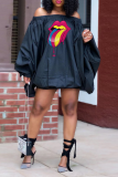 Red Casual Print Patchwork Off the Shoulder Lantern Dress Dresses