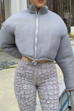 Grey Fashion Casual Solid Cardigan Zipper Collar Outerwear