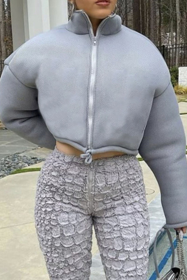Grey Fashion Casual Solid Cardigan Zipper Collar Outerwear