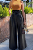 Black Casual Solid Zipper With Belt Loose High Waist Straight Patchwork Bottoms