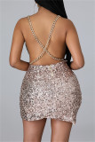 Pink Sexy Patchwork Sequins Chains Backless V Neck Sling Dress