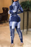 Blue Casual Print Patchwork V Neck Regular Jumpsuits