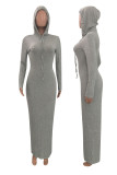 Grey Street Solid Hooded Collar Long Sleeve Mid Calf Dresses