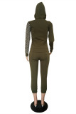 Army Green Fashion Casual Print Patchwork Hooded Collar Long Sleeve Two Pieces