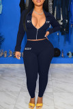 Red Fashion Casual Letter Embroidery Solid Color Zipper Collar Long Sleeve Two Pieces