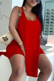 Rose Red Fashion Casual Solid Slit U Neck Sleeveless Two Pieces