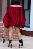 Red Casual Print Patchwork Off the Shoulder Lantern Dress Dresses