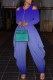 Blue Fashion Casual Gradual Change Print Hollowed Out V Neck Regular Jumpsuits