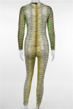 Green Fashion Sexy Print See-through O Neck Skinny Jumpsuits