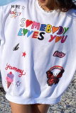 White Sweet Print Patchwork O Neck Tops