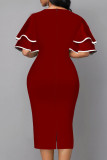 Red Fashion Street Print Patchwork V Neck One Step Skirt Dresses