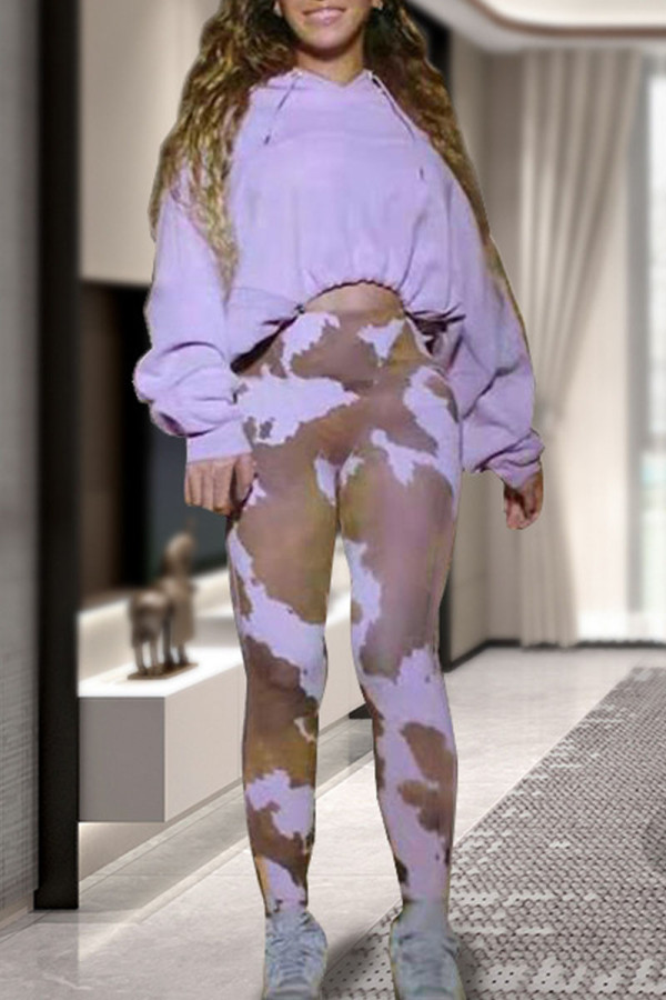Light Purple Casual Print Patchwork Hooded Collar Long Sleeve Two Pieces